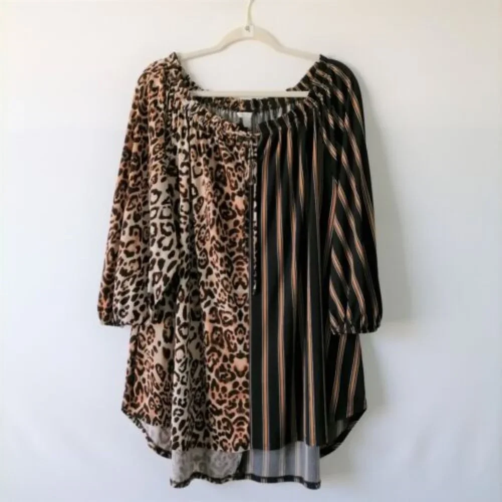 Cato Womens Brown Off The Shoulder Striped Animal Print Blouse Top Size 22W/24W - Picture 1 of 7